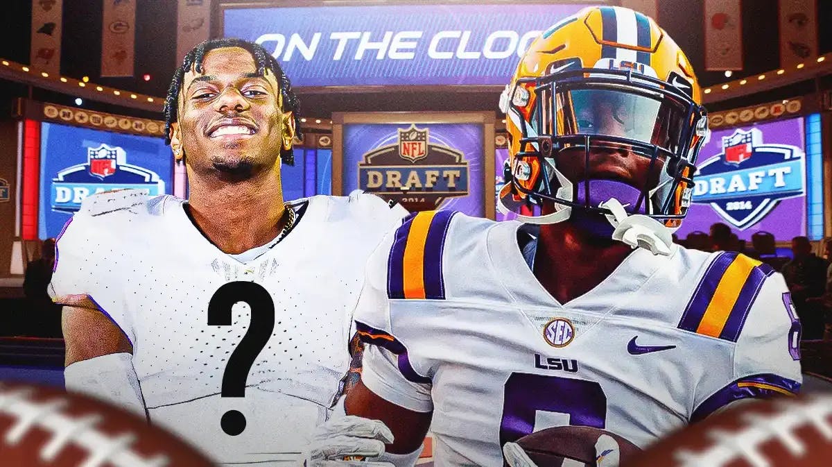 LSU WR Malik Nabers in an LSU jersey and then in a blank jersey with a question mark for a number with an NFL draft background.