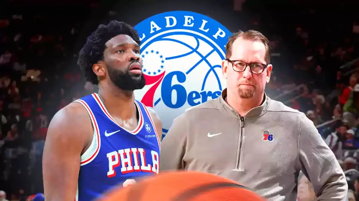 Joel Embiid and Nick Nurse next to a Sixers logo