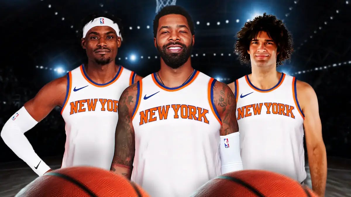 Danuel House, Marcus Morris and Robin Lopez, photoshopped to be wearing Knicks jerseys