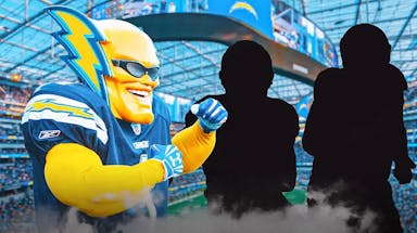 Chargers mascot with silhouette of ACTION SHOTS of Blake Corum and Cooper Beebe