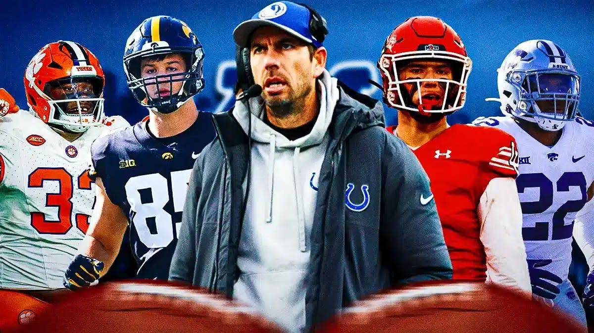 Coach Shane Steichen in the middle, Cole Bishop, Daniel Green, Ruke Orhorhoro, Logan Lee around him, and Indianapolis Colts wallpaper in the background.