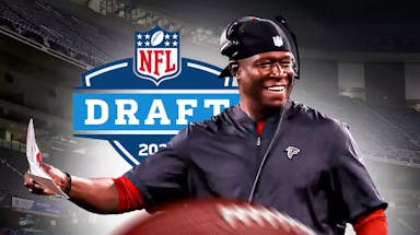 Falcons Raheem Morris next to the 2024 NFL Draft logo