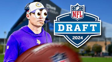 Kevin O'Connell with emoji eyes in his eyes looking at the 2024 NFL Draft
