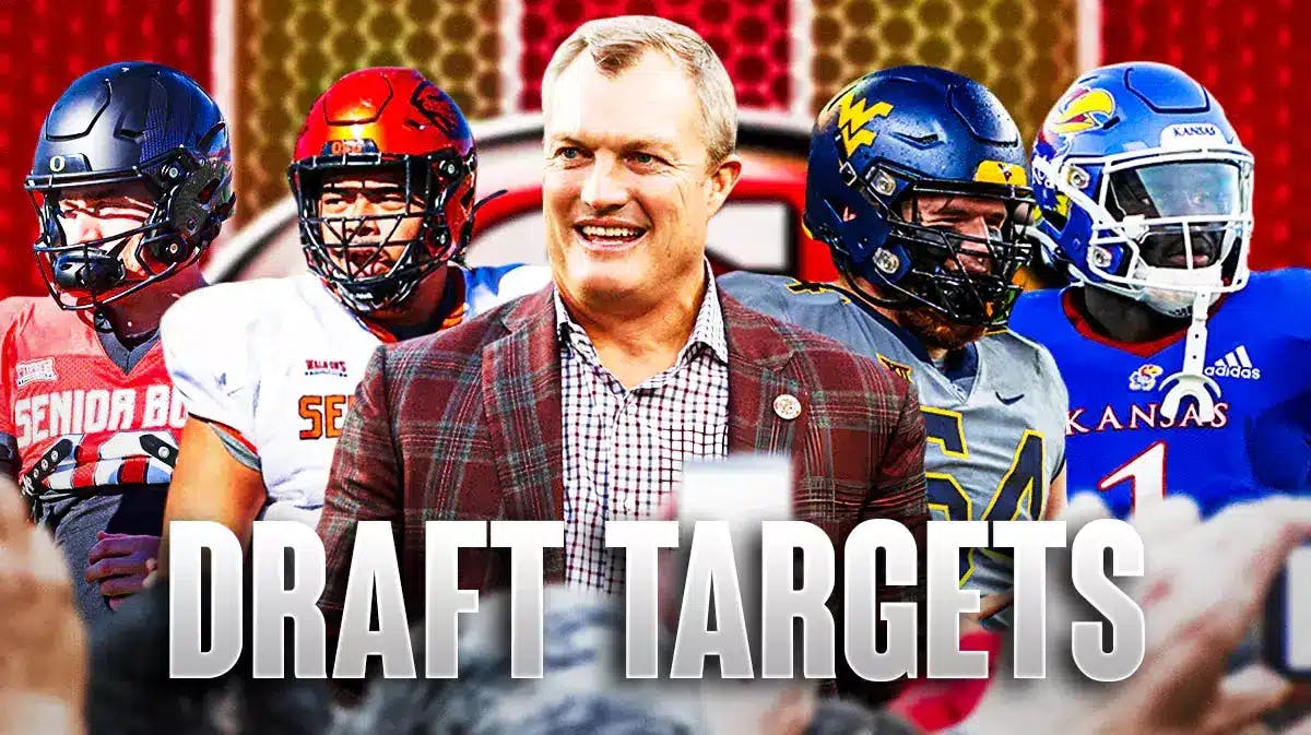 GM John Lynch in the middle, Taliese Fuaga, Zach Frazier, Khyree Jackson, Kenny Logan Jr around him, and San Francisco 49ers wallpaper in the background.