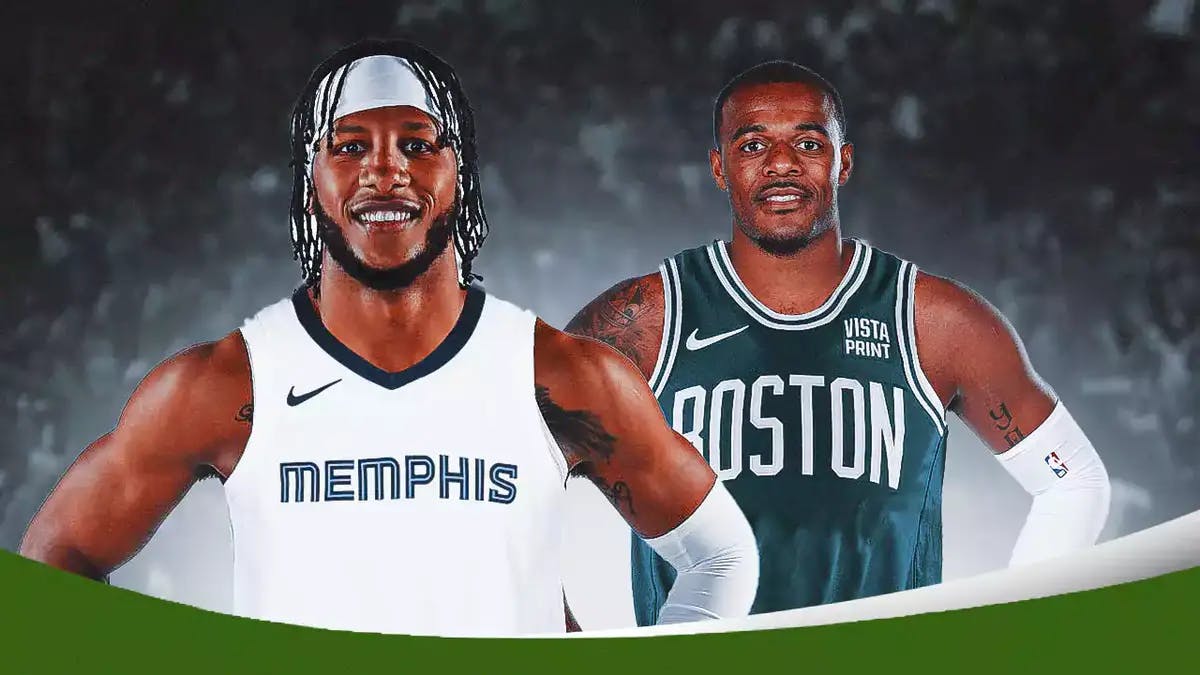 image idea: Xavier Tillman in a Celtics jersey next to Lamar Stevens in a Grizzlies jersey on a TD Garden background