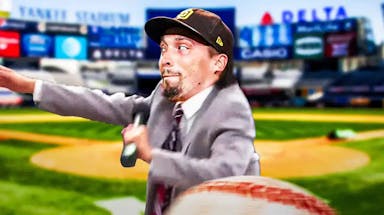 Blake Snell in the Eric Andre Let Me In meme, but instead of a basic gate, make it Yankee Stadium (Yankees home stadium)
