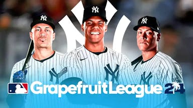 Juan Soto in the middle. Around him are Aaron Judge and Giancarlo Stanton. Yankees logo in the background. Grapefruit League logo in front.