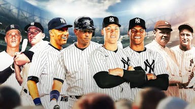 Aaron Judge and Juan Soto both in Yankees' uniforms in front. In background, I need each of the following players in Yankees uniforms from when they played in MLB: Alex Rodriguez and Derek Jeter, Mickey Mantle and Roger Maris, and Babe Ruth and Lou Gehrig.