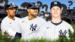 Yankees' Jasson Dominguez, Yankees' Everson Pereira, and Yankees' Chase Hampton all in image. Question marks everywhere. Yankee Stadium background.