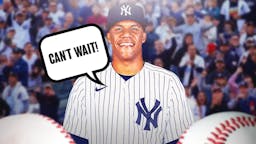 Juan Soto in a Yankees uniform saying “Can’t wait!” Yankees fans in the background