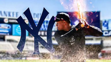 Juan Soto with his bat made of fire next to a Yankees logo at Yankee Stadium