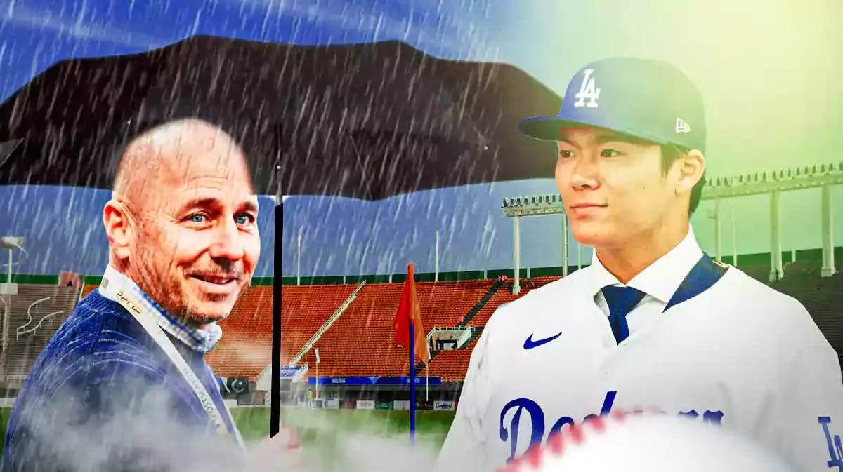 Brian Cashman on one side with holding an umbrella with rain coming down Yoshinobu Yamamoto smiling in Dodgers uniform with sunshine above him