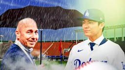 Brian Cashman on one side with holding an umbrella with rain coming down Yoshinobu Yamamoto smiling in Dodgers uniform with sunshine above him