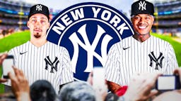 Blake Snell in a Yankees jersey next to Yankees Marcus Stroman and a Yankees logo