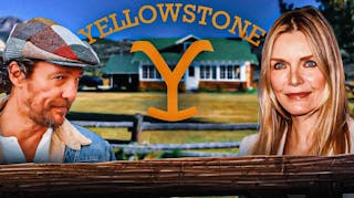 Matthew McConaughey and Michelle Pfeiffer with Yellowstone logo and ranch background.