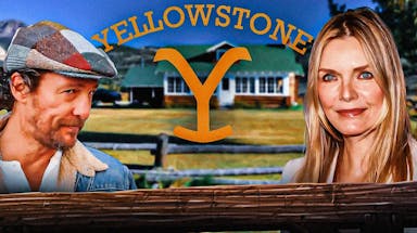 Matthew McConaughey and Michelle Pfeiffer with Yellowstone logo and ranch background.