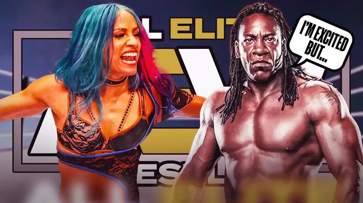 Booker T with a text bubble reading “I’m excited but…” next to Mercedes Mone with the AEW logo as the background.