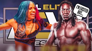 Booker T with a text bubble reading “I’m excited but…” next to Mercedes Mone with the AEW logo as the background.