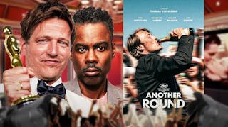 Thomas Vinterberg with Oscars trophy, Chris Rock next to Another Round poster.