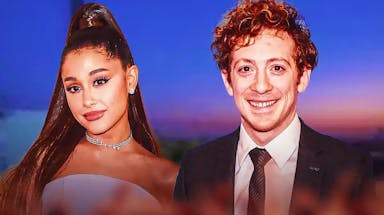 Ariana Grande and Ethan Slater with a sunset behind her