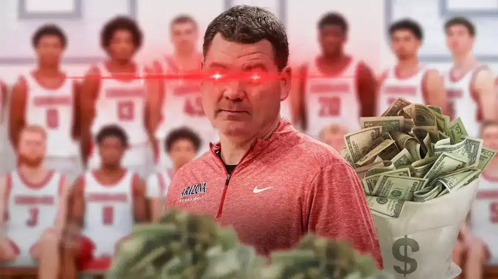 Arizona basketball coach Tommy Lloyd focues with money to the side.
