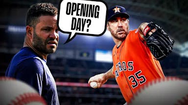 Astros' Justin Verlander pitching a baseball at Minute Maid Park. Have Jose Altuve asking the following question: Opening Day?