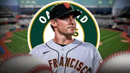 Athletics, Giants, Athletics Giants trade, Jonah Cox, Ross Stripling, Ross Stripling with A’s stadium in the background