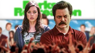 Aubrey Plaza and Nick Offerman, as their characters April Ludgate and Ron Swanson from Parks and Rec