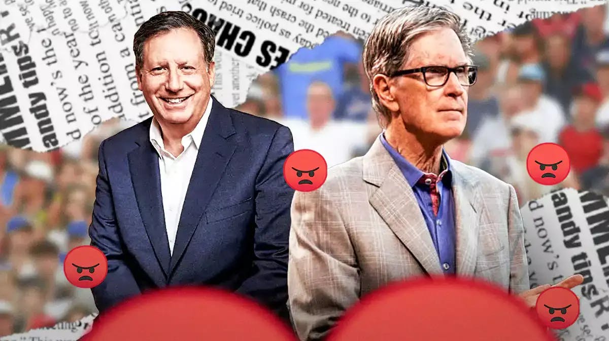A newspaper as the background, John Henry and Tom Werner on one side, a bunch of Boston Red Sox fans on the other side with angry emojis around them