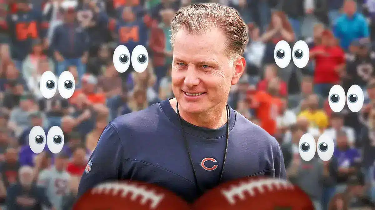 Matt Eberflus on one side, a bunch of Chicago Bears fans on the other side with the big eyes emoji over their faces