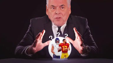 Peter King as fortune teller with crystal ball. Inside the crystal ball is Bears QB Justin Fields and Caleb Williams with a question mark above them