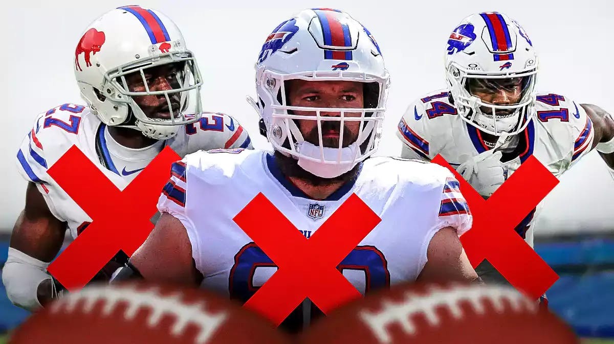 Bills 2024 offseason cut candidates Mitch Morse, Tre’Davious White, and Stefon Diggs with red Xs over each of them.