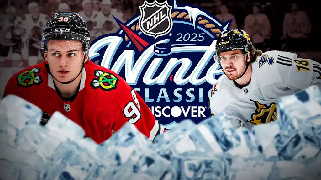 Blackhawks player faces off against Blues player with Winter Classic logo in background.