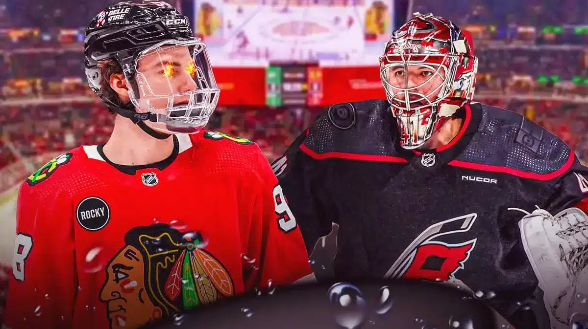 Connor Bedard staring down Spencer Martin in the Blackhawks Hurricanes game.