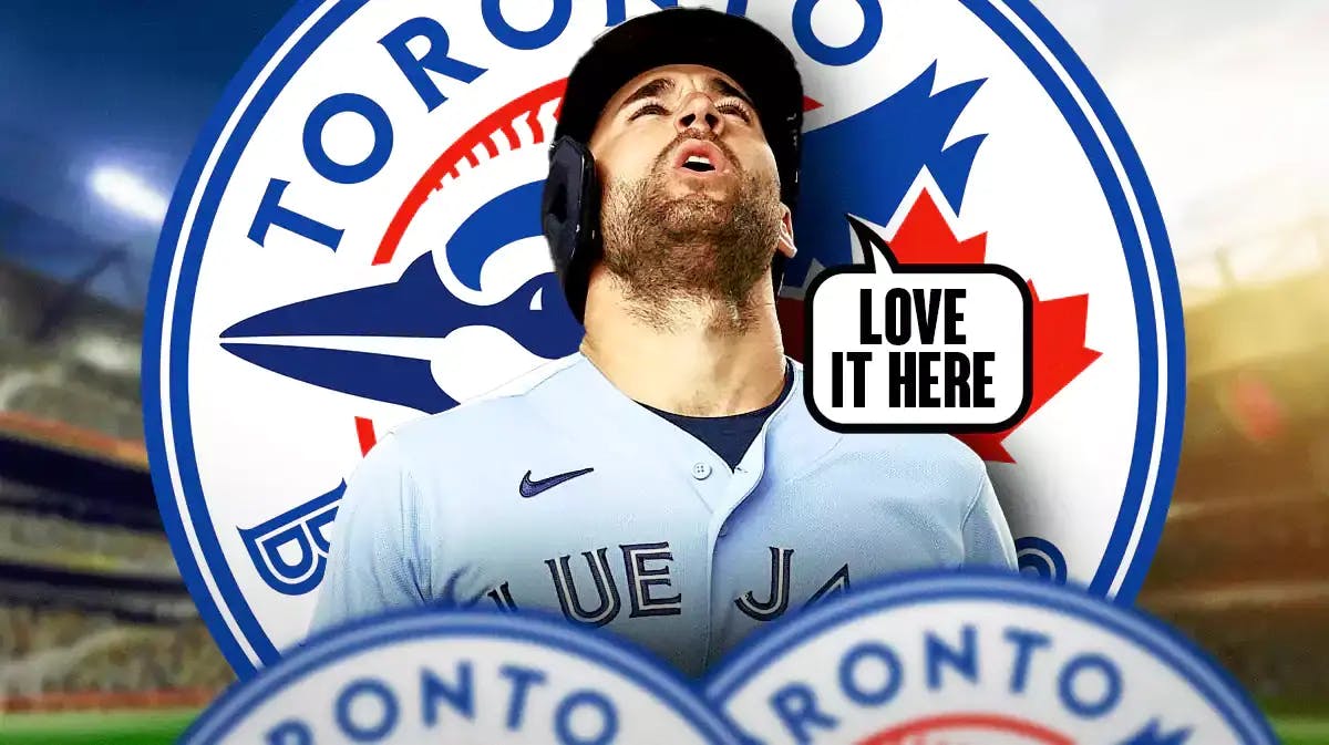Kevin Kiermaier in middle of image looking happy with speech bubble: “Love it here” , TOR Blue Jays logo, baseball field in background
