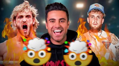 George Janko looking shocked in the middle, Logan Paul and Jake Paul on fire next to him