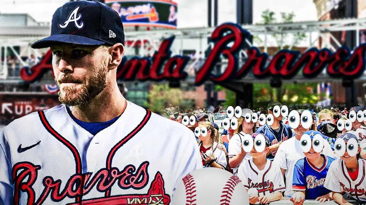 Chris Sale in an Atlanta Braves jersey on one side, a bunch of Atlanta Braves fans on the other side with the big eyes emoji over their faces
