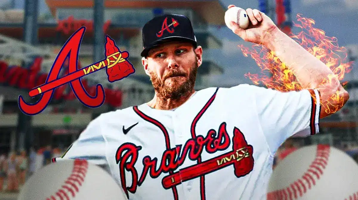 Chris Sale in a Braves jersey with his arm on fire throwing a pitch next to a Braves logo at Truist Park
