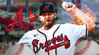 Chris Sale in a Braves jersey with his arm on fire throwing a pitch next to a Braves logo at Truist Park