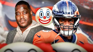 ESPN analyst Damien Woody (preferably a recent photo) looking at Broncos QB Russell Wilson with a clown emoji between them.
