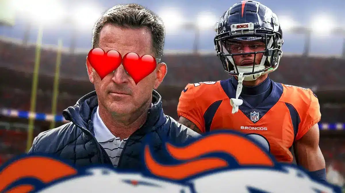 Broncos GM George Paton with hearts on his eyes looking at Pat Surtain II.