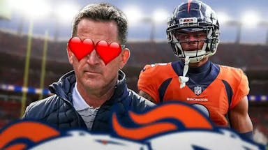 Broncos GM George Paton with hearts on his eyes looking at Pat Surtain II.