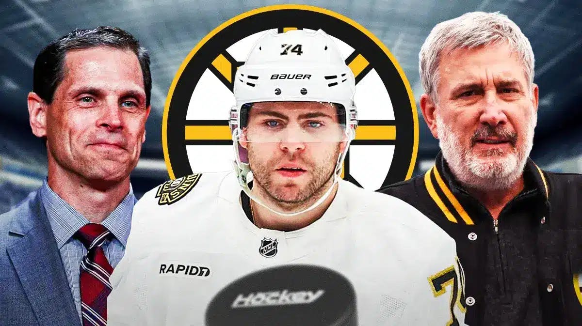 Jake DeBrusk in image looking stern, Don Sweeney and Cam Neely on either side, BOS Bruins logo, hockey rink in background