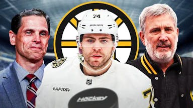 Jake DeBrusk in image looking stern, Don Sweeney and Cam Neely on either side, BOS Bruins logo, hockey rink in background