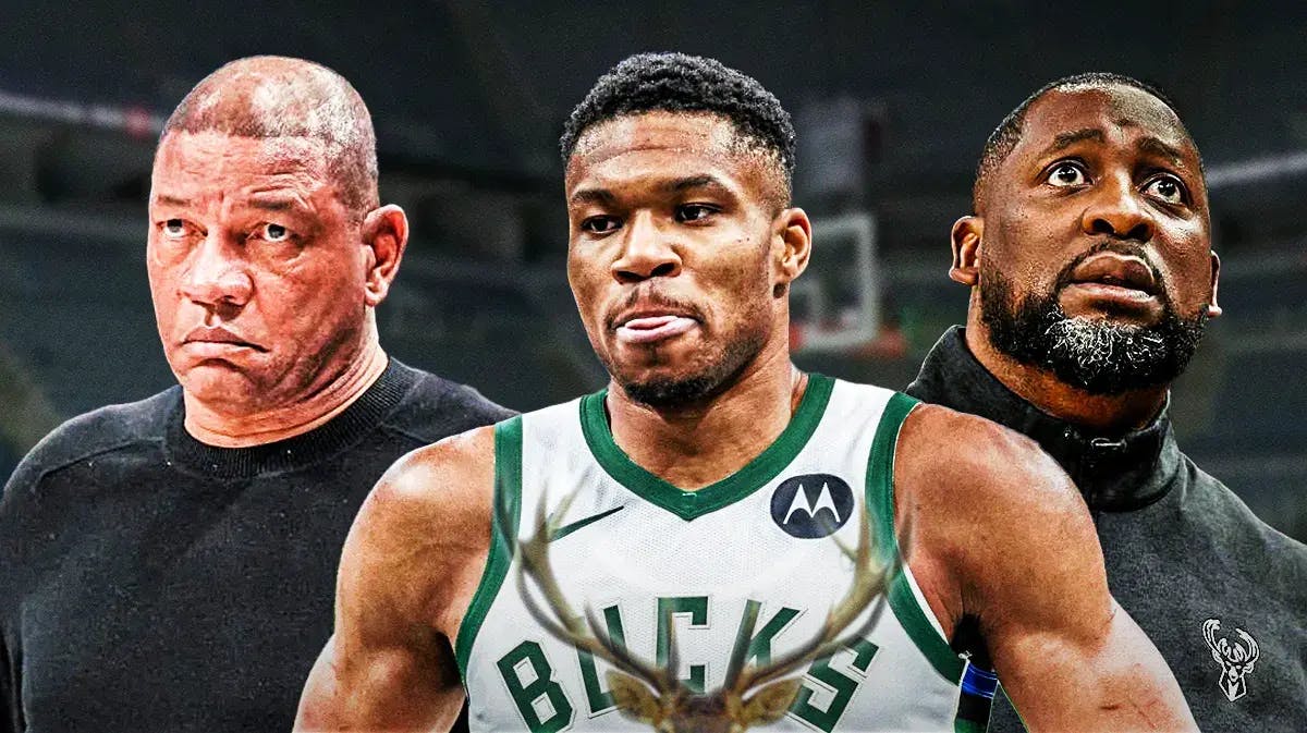 Milwaukee Bucks star Giannis Antetokounmpo in the middle of Doc Rivers and Adrian Griffin in front of the Fiserv Forum.
