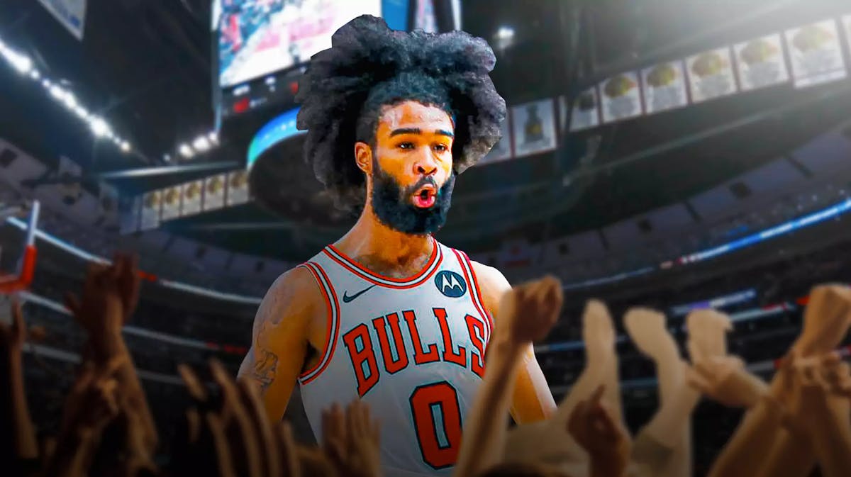 Bulls, Timberwolves, Coby White, DeMar DeRozan, Billy Donovan, Coby White in Bulls uni with Bulls arena in the background
