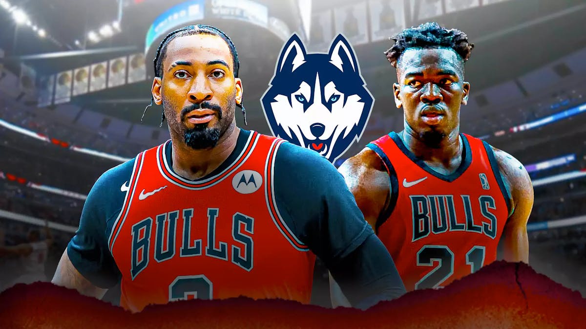 Bulls, UConn basketball, Andre Drummond, Adama Sanogo, Huskies, Andre Drummond, Adama Sanogo and UConn logo with Bulls arena in the background