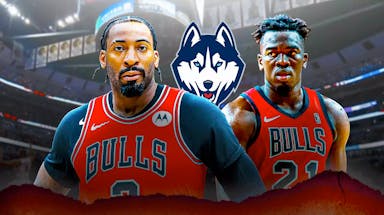 Bulls, UConn basketball, Andre Drummond, Adama Sanogo, Huskies, Andre Drummond, Adama Sanogo and UConn logo with Bulls arena in the background