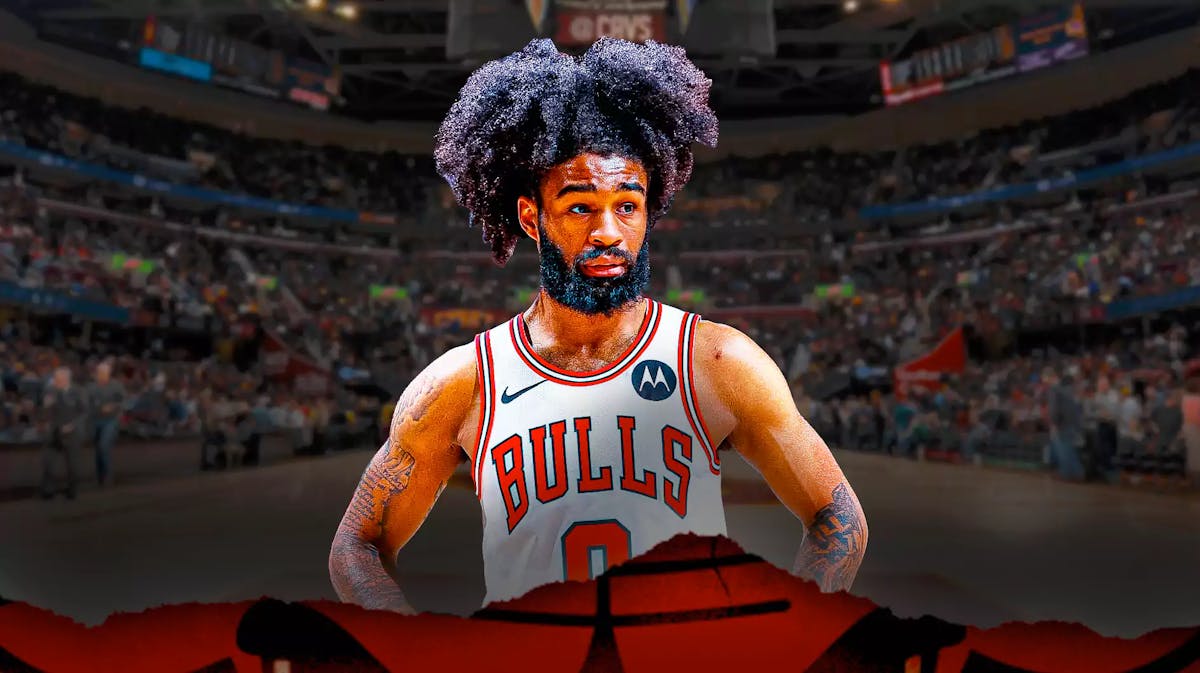 Bulls, Cavaliers, Coby White, Coby White Bulls, Bulls Cavaliers, Coby White in Bulls uni with Cavaliers arena in the background