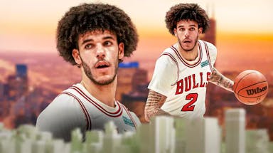 Bulls, Lonzo Ball, Lonzo Ball Bulls, Lonzo Ball injury, Lonzo Ball dunk, Lonzo Ball in Bulls uni with Chicago skyline in the background